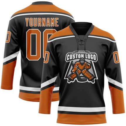 Personalized Black Texas Hockey Jersey with Orange-White Lace Neck Design Personalized Black Texas Orange-White Hockey Lace