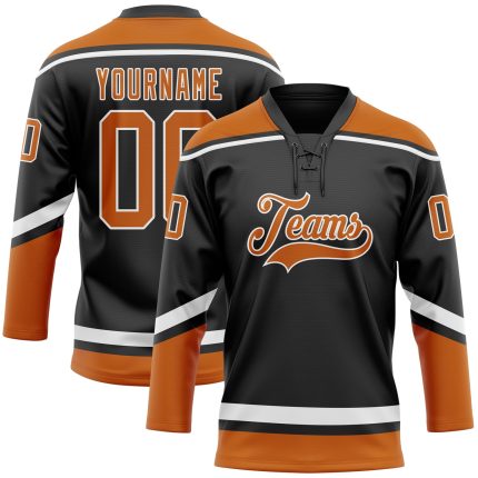 Personalized Black Texas Hockey Jersey with Orange-White Lace Neck Design Personalized Black Texas Orange-White Hockey Lace