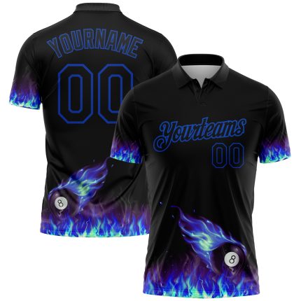 Custom Name and Number Personalized Flame 3D Pattern Blue Black Billiards Performance Polo Shirt - 8 Ball Design Personalized