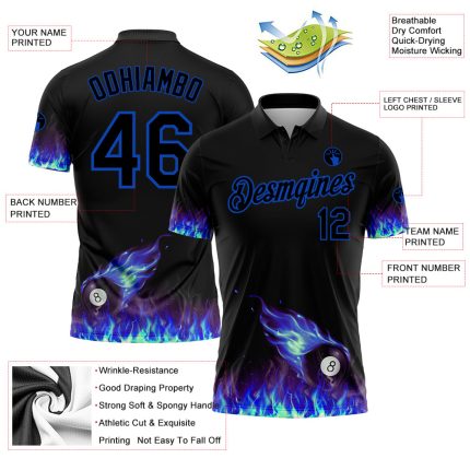 Custom Name and Number Personalized Flame 3D Pattern Blue Black Billiards Performance Polo Shirt - 8 Ball Design Personalized