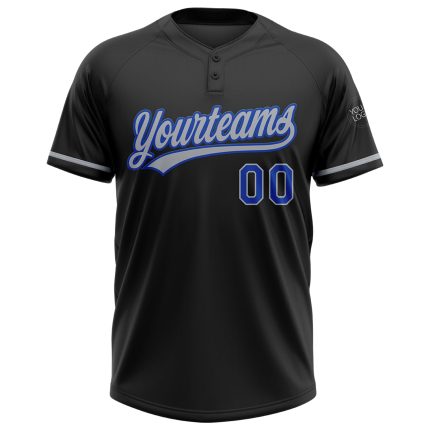 Personalized Unisex Softball Jersey in Black Thunder Blue-Gray, Two-Button Style Personalized Black Thunder Blue-Gray Two-Button