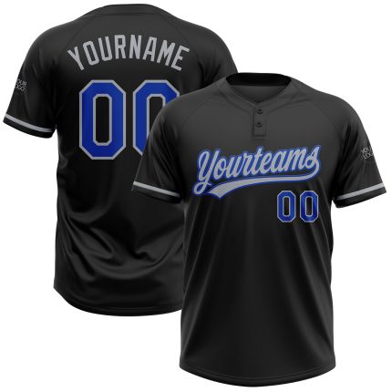 Personalized Unisex Softball Jersey in Black Thunder Blue-Gray, Two-Button Style Personalized Black Thunder Blue-Gray Two-Button