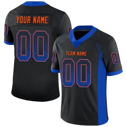 Personalized Black Thunder Football Jersey - Blue-Orange Mesh Drift Style Personalized Black Thunder Blue-Orange Mesh Drift