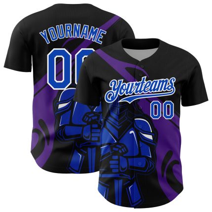 Custom Baseball Jersey Personalized Knight Hero Art 3D Pattern Black Thunder Blue-Purple with Custom Name and Number Personalized