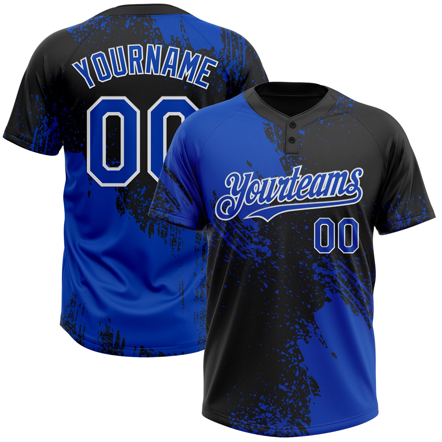 Personalized Black Blue-White 3D Abstract Brush Stroke Softball Jersey - Unisex Two-Button Design Personalized Black Thunder