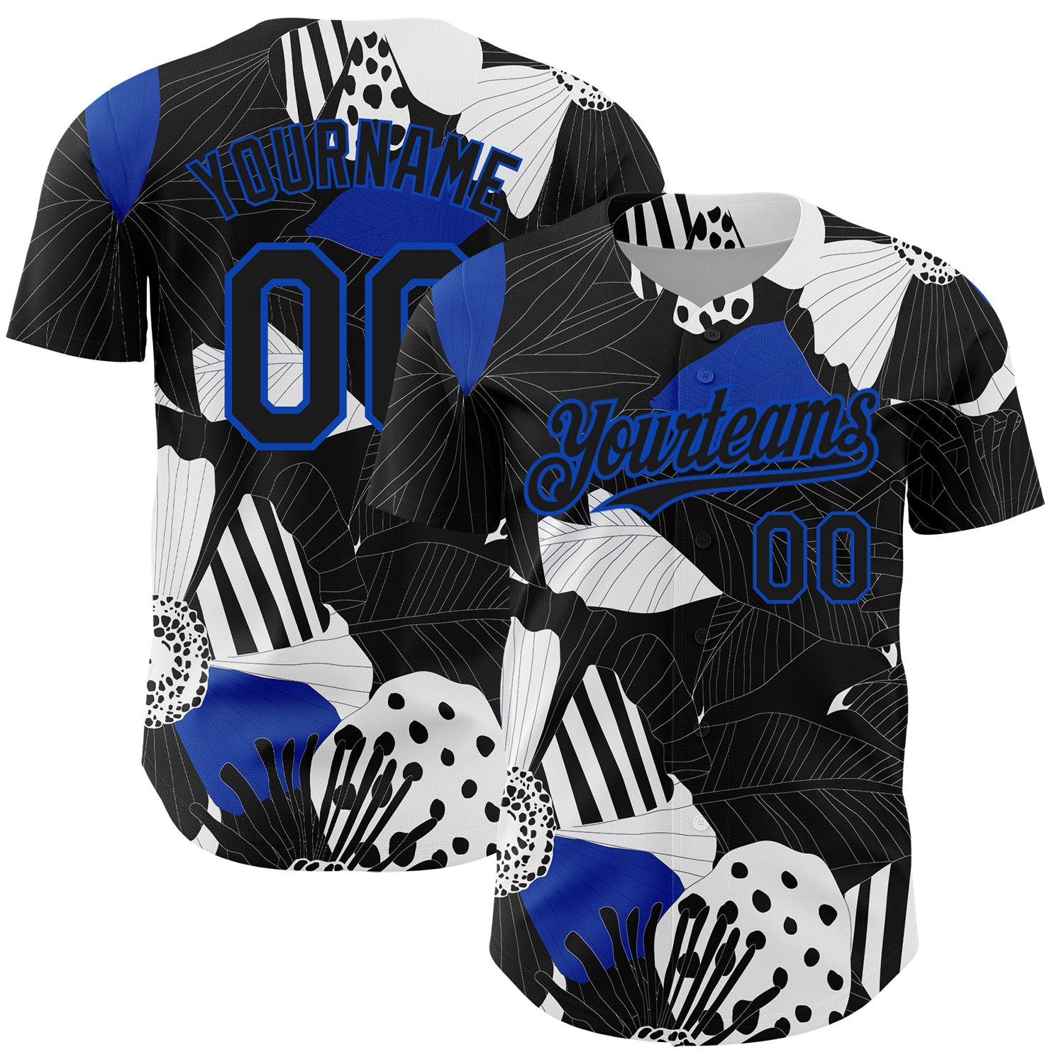 Custom Name and Number Baseball Jersey - Personalized Black Thunder Blue-White 3D Flower Design Personalized Black Thunder