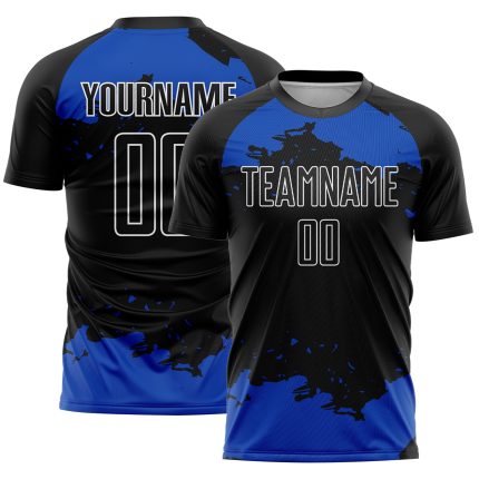 Personalized Abstract Soccer Jersey in Black Thunder Blue-White Fragment Art Design Personalized Black Thunder Blue-White