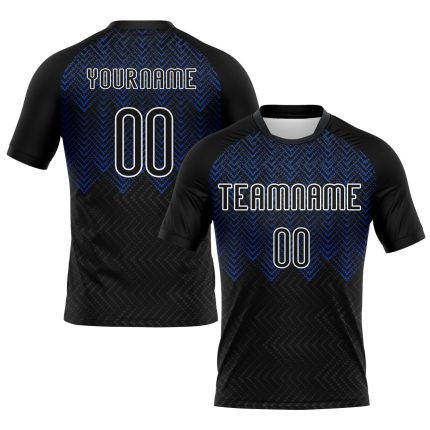 Custom Name Number Volleyball Jersey - Personalized Black Thunder Blue-White Geometric Shape Sublimation Uniform Personalized