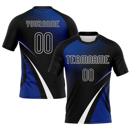 Custom Name Number Volleyball Jersey - Personalized Black Thunder Blue-White Lines Dots Sublimation Uniform Personalized