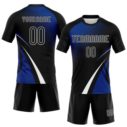 Custom Name Number Volleyball Jersey - Personalized Black Thunder Blue-White Lines Dots Sublimation Uniform Personalized