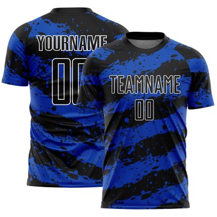 Personalized Black Blue White Splash Soccer Jersey Uniform - Custom Sublimation Design Personalized Black Thunder Blue-White