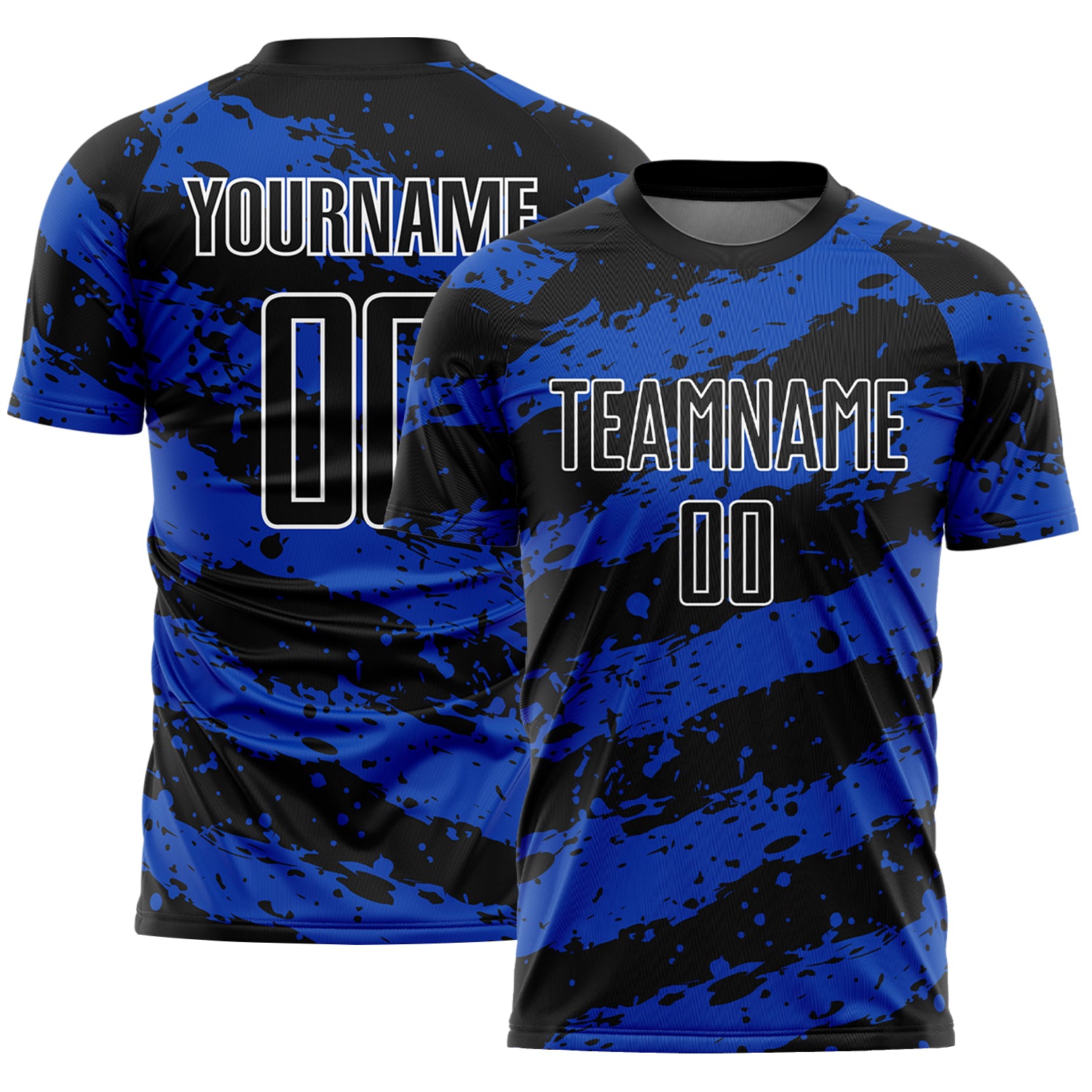 Customizable Soccer Jersey with Name & Number - Personalized Black Thunder Blue-White Splash Sublimation Uniform Personalized