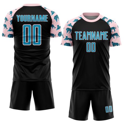 Personalized US Navy Blue Light Pink Tiger Soccer Jersey - Black Sublimation Uniform Personalized Black US Navy Blue-Light