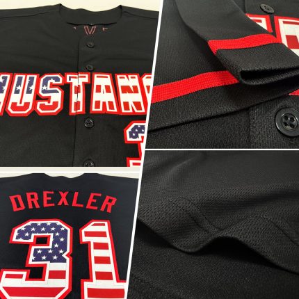 Personalized USA Flag Baseball Jersey - Custom Red Authentic Team Name & Number, Black Personalized Black USA Flag-Red Authentic