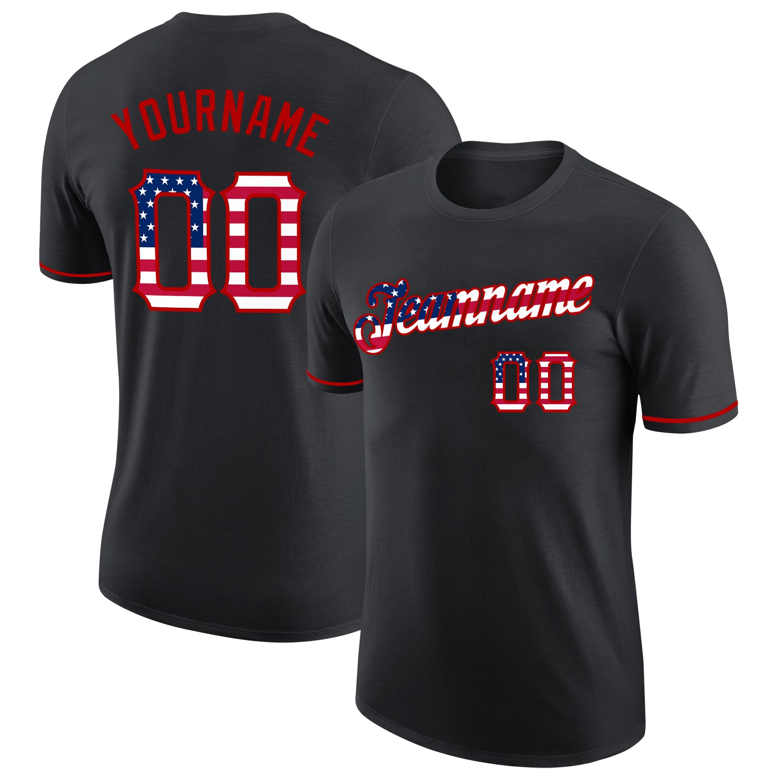 Custom USA Flag Red Performance T-Shirt, Personalized with Team Name and Number - Black Design Personalized Black USA Flag-Red