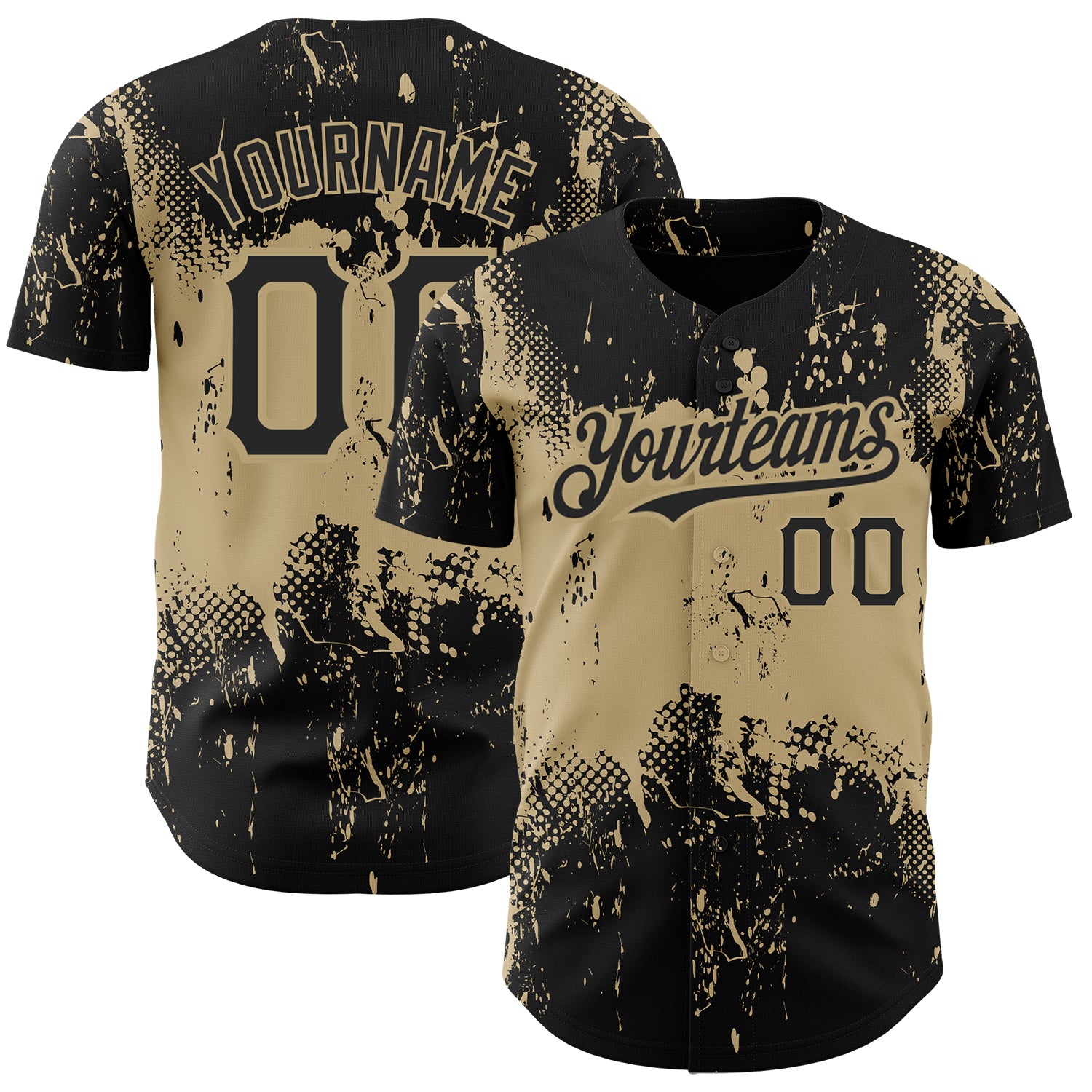 Customizable Black Gold 3D Pattern Abstract Splatter Grunge Art Baseball Jersey with Team Name and Number Personalized Black