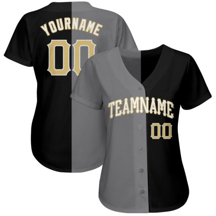 Personalized Black Gold Gray Split Fashion Baseball Jersey for Men and Women Personalized Black Vegas Gold-Gray Split Fashion