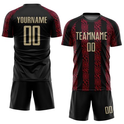 Personalized Soccer Uniform Jersey in Black, Vegas Gold, Red - Custom Sublimation Design Personalized Black Vegas Gold-Red