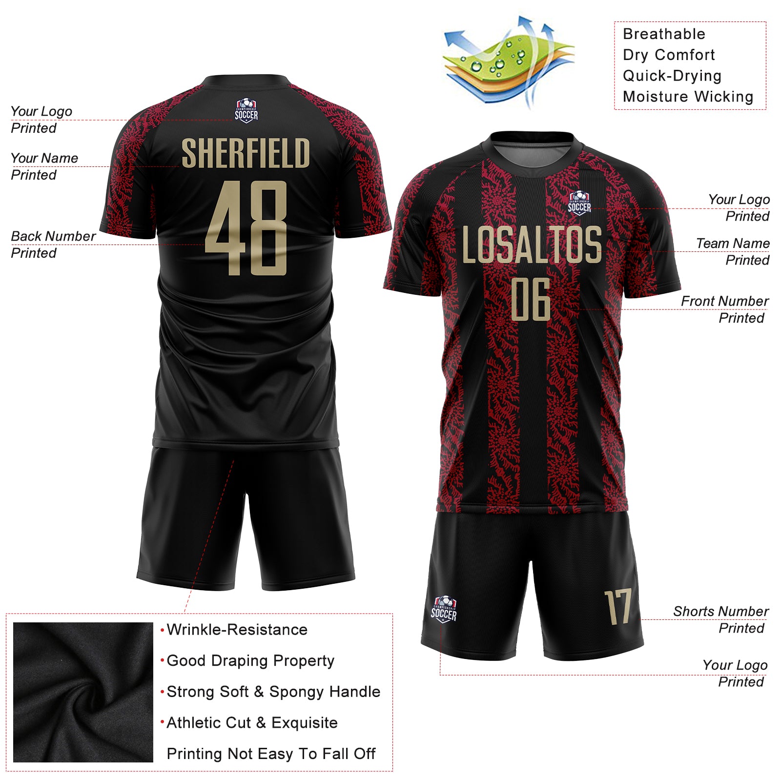 Personalized Black Vegas Gold-Red Sublimation Soccer Uniform Jersey 7387 Custom Black Vegas Gold-Red Soccer Jersey Uniform - Sublimation Style 7387 Personalized Black Vegas Gold-Red Sublimation - Image 6