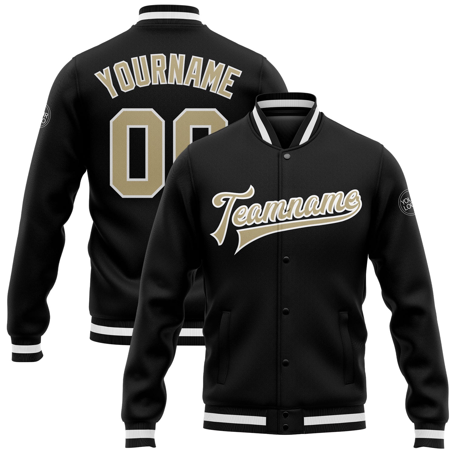Personalized Black Gold White Varsity Letterman Bomber Jacket Full-Snap Personalized Black Vegas Gold-White Bomber Full-Snap