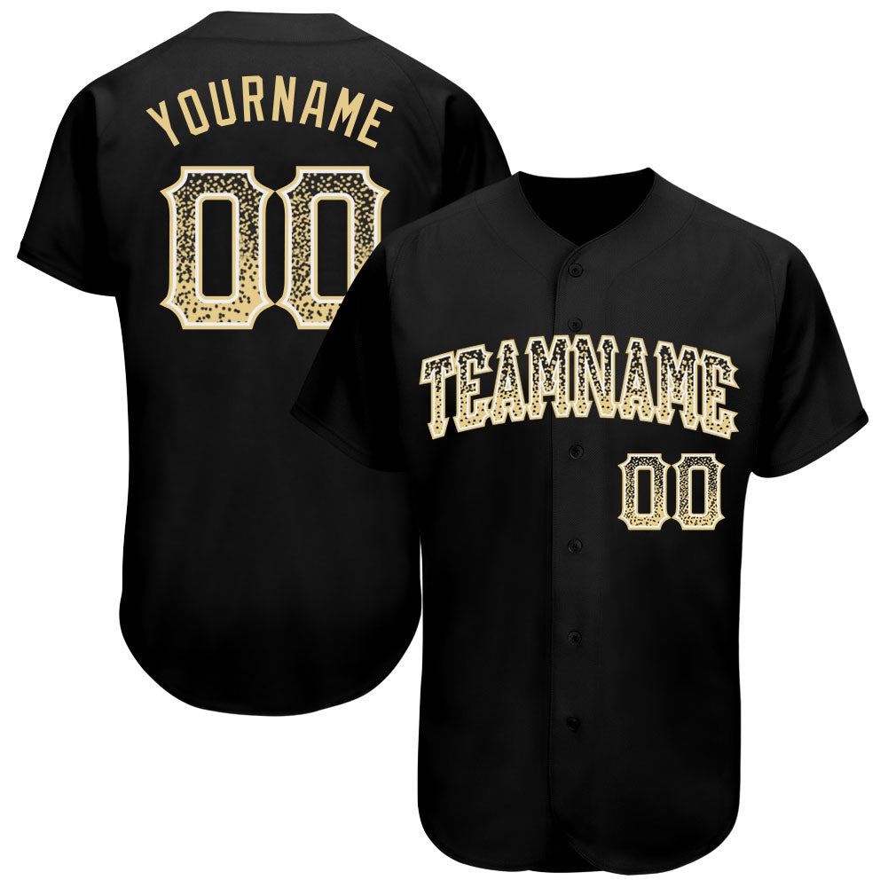 Personalized Black Drift Fashion Baseball Jersey with Vegas Gold and White Accents Personalized Black Vegas Gold-White Drift