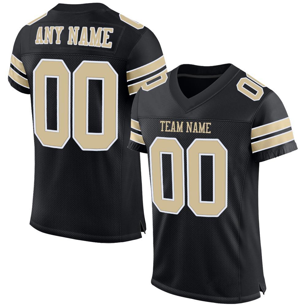 Personalized Black Gold White Football Jersey - Custom Mesh Design Personalized Black Vegas Gold-White Mesh Football Jersey