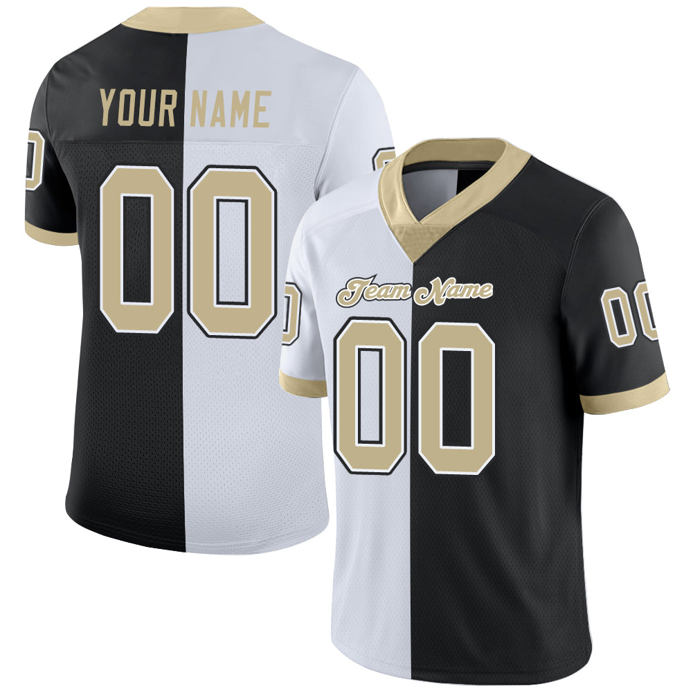 Personalized Black Vegas Gold White Mesh Fashion Football Jersey for Men Personalized Black Vegas Gold-White Mesh Split Fashion