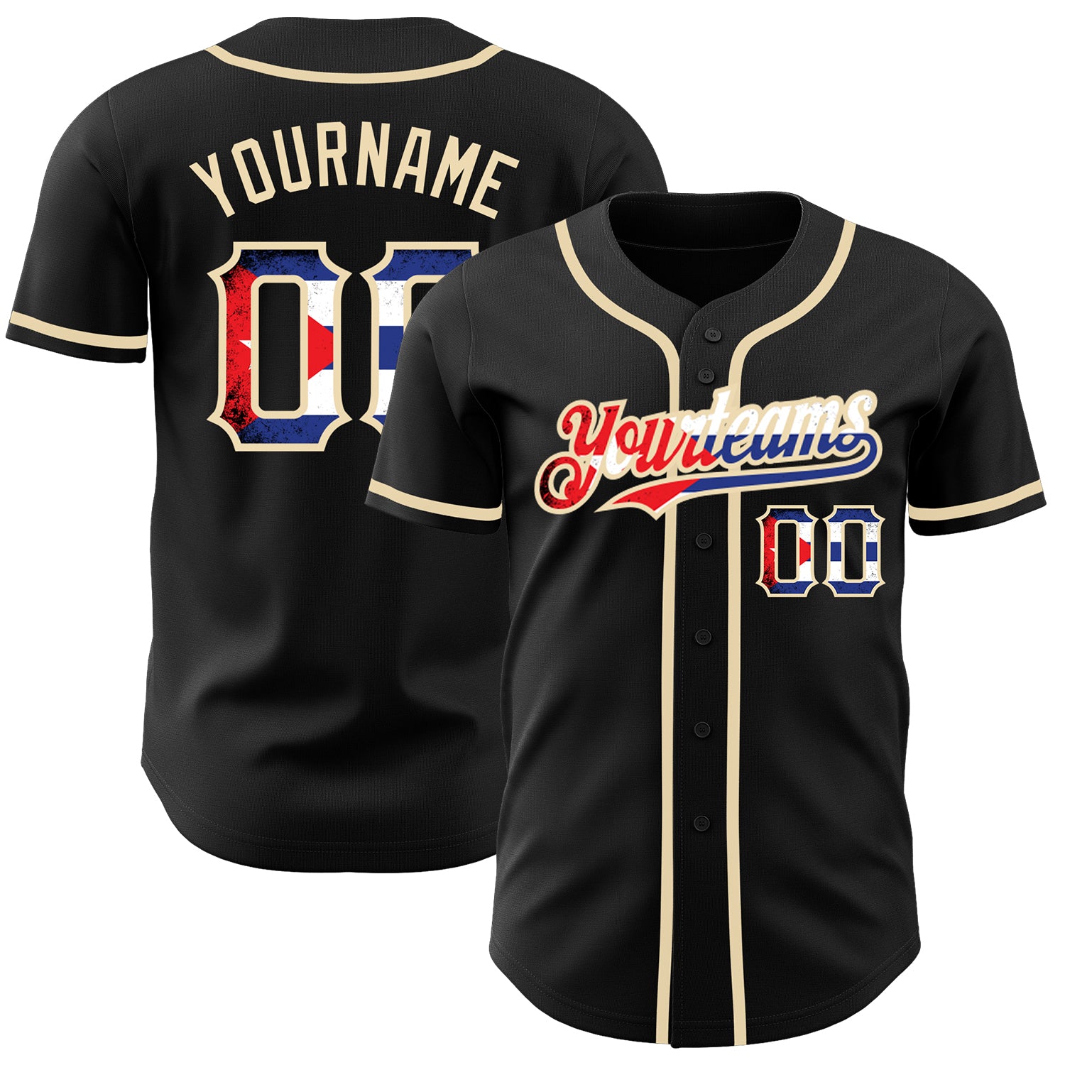 Personalized Vintage Cuban Flag Baseball Jersey - Custom Name & Number - Black Cream Team Jersey Personalized Black Vintage