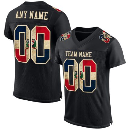 Personalized Vintage Dominican Republic Flag Football Jersey - Custom Black Cream Mesh with Name and Number Personalized