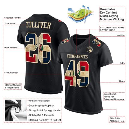 Personalized Vintage Dominican Republic Flag Football Jersey - Custom Black Cream Mesh with Name and Number Personalized