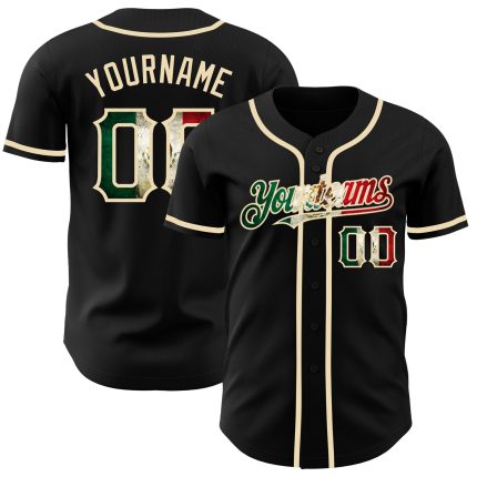 Personalized Vintage Mexican Flag Black Cream Baseball Jersey Personalized Black Vintage Mexican Flag-City Cream Baseball