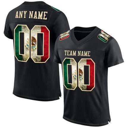 Custom Name and Number Vintage Mexican Flag Football Jersey - Personalized Black Cream Team Mesh Authentic Personalized Black