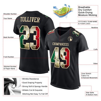 Custom Name and Number Vintage Mexican Flag Football Jersey - Personalized Black Cream Team Mesh Authentic Personalized Black
