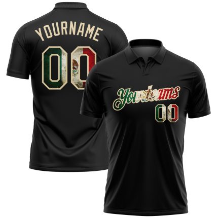 Custom Name & Number Vintage Mexican Flag Performance Golf Polo Shirt - Personalized Black Tee Personalized Black Vintage