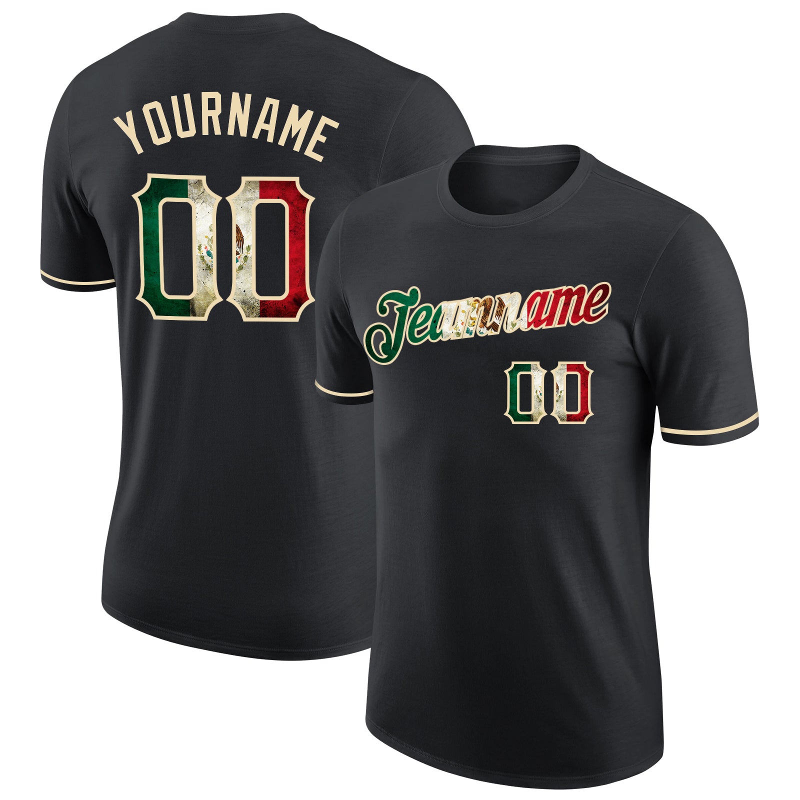 Custom Vintage Mexican Flag Performance T-Shirt - Personalized Team Cream Tee with Name & Number Personalized Black Vintage