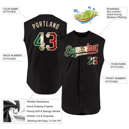 Custom Personalized Black Vintage Mexican Flag Baseball Jersey - Authentic Sleeveless Team Jersey with Name & Number Personalized