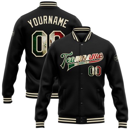 Personalized Vintage Mexican Flag Bomber Full-Snap Varsity Jacket - Black Cream Color Personalized Black Vintage Mexican