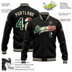 Custom Name and Number Vintage Mexican Flag Black Bomber Varsity Jacket - Cream Full-Snap Letterman Jacket Personalized Black