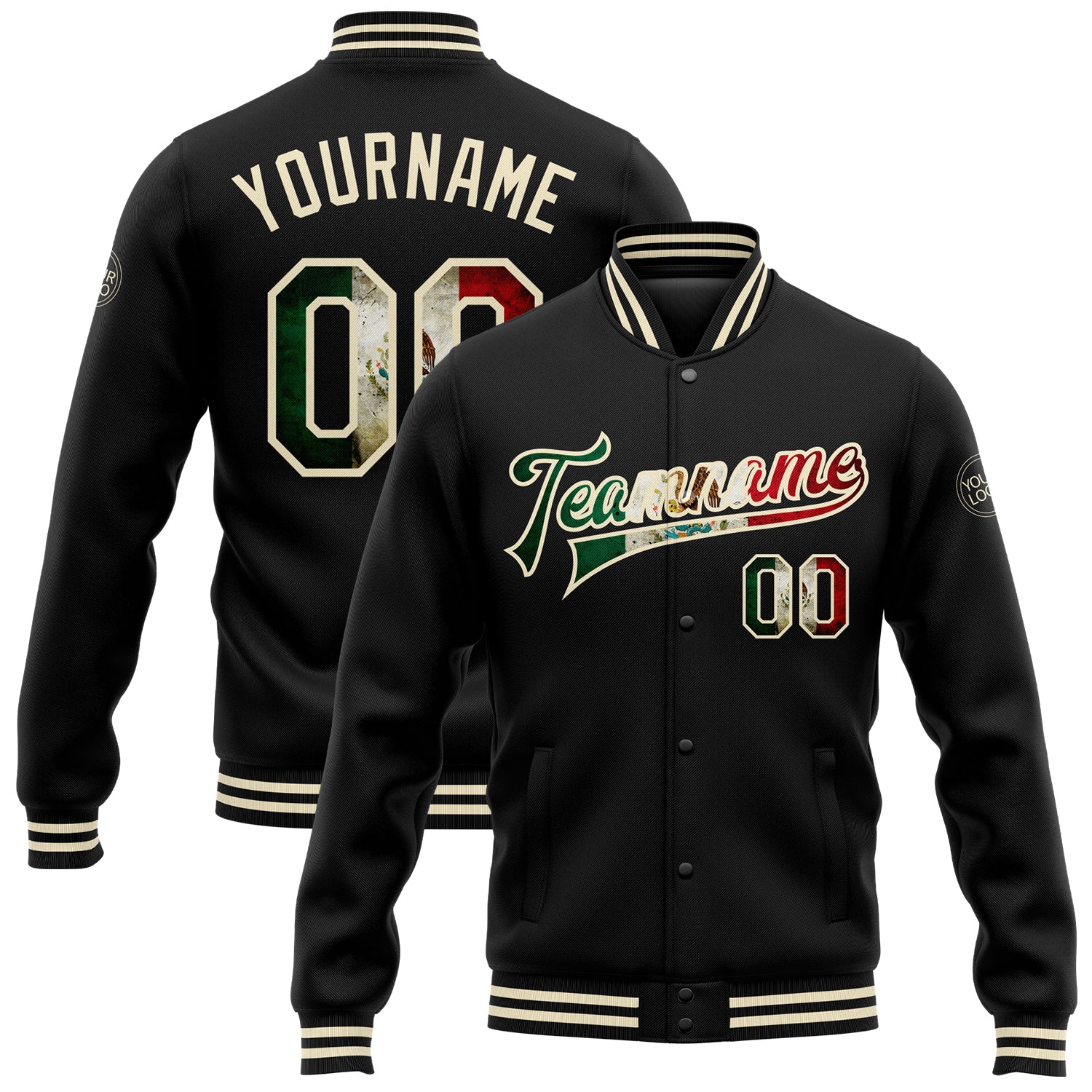 Custom Name and Number Vintage Mexican Flag Black Bomber Varsity Jacket - Cream Full-Snap Letterman Jacket Personalized Black