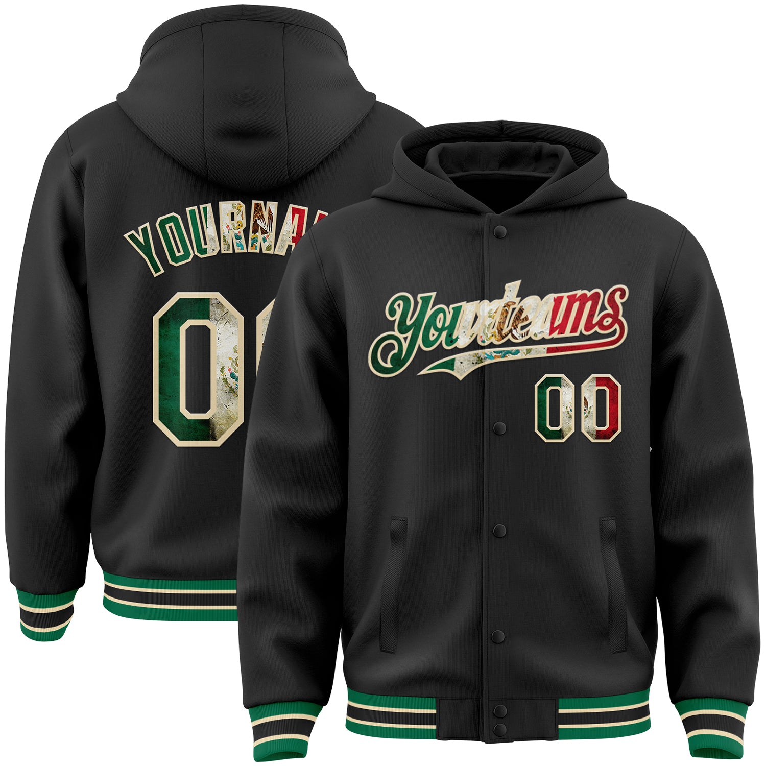 Custom Vintage Black Mexican Flag Full-Snap Bomber Hoodie Jacket with Personalized Name and Number - Varsity Letterman Style
