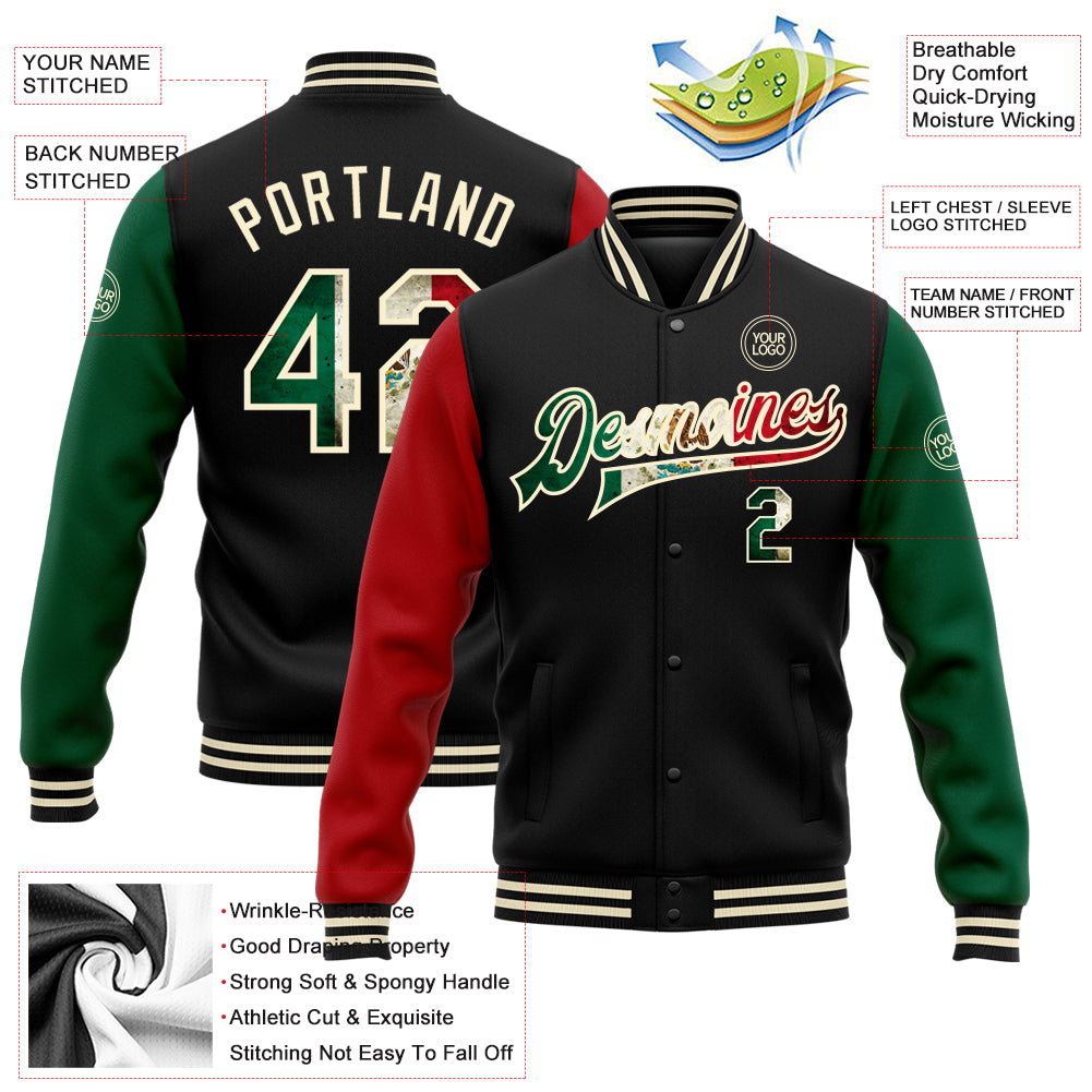 Personalized Vintage Mexican Flag Two-Tone Bomber Full-Snap Varsity Letterman Jacket - Black Cream Green Red Personalized - Image 5