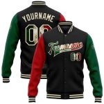 Personalized Vintage Mexican Flag Two-Tone Bomber Full-Snap Varsity Letterman Jacket - Black Cream Green Red Personalized