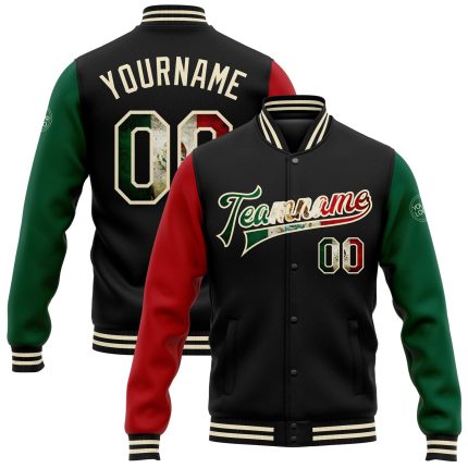 Personalized Vintage Mexican Flag Two-Tone Bomber Full-Snap Varsity Letterman Jacket - Black Cream Green Red Personalized
