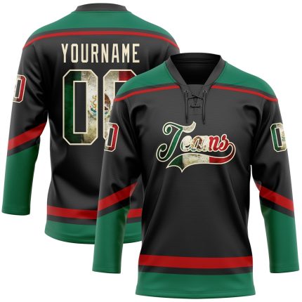 Personalized Vintage Mexican Flag Hockey Jersey Custom Name Number Black Cream Kelly Green Red Personalized Black Vintage