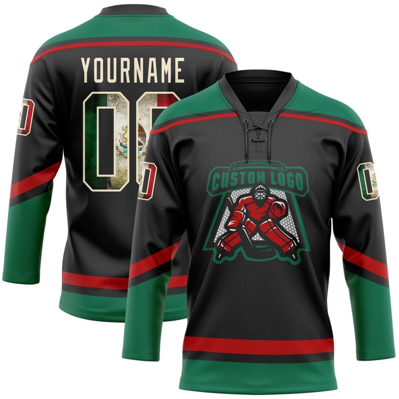 Personalized Vintage Mexican Flag Hockey Jersey Custom Name Number Black Cream Kelly Green Red Personalized Black Vintage