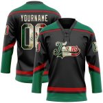 Personalized Vintage Mexican Flag Hockey Jersey in Black Cream Green Red Personalized Black Vintage Mexican Flag Cream Kelly