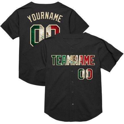 Personalized Vintage Mexican Flag Baseball Jersey - Black Cream Mesh Authentic Throwback Personalized Black Vintage Mexican