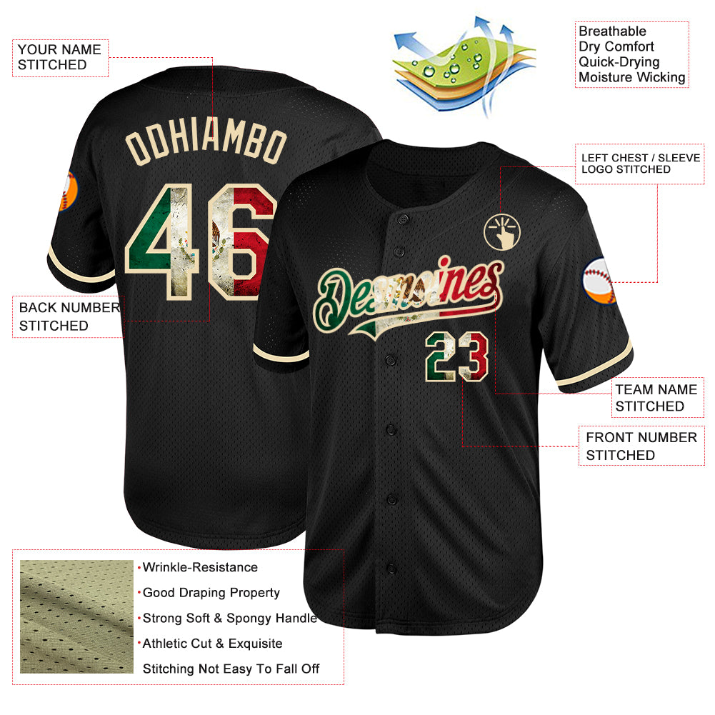 Personalized Black Vintage Mexican Flag-Cream Mesh Authentic Throwback Baseball Jersey Team Custom Name and Number Personalized Vintage Mexican Flag Baseball Jersey with Cream Mesh, Custom Name and Number - Authentic Throwback Team Gear - Image 3