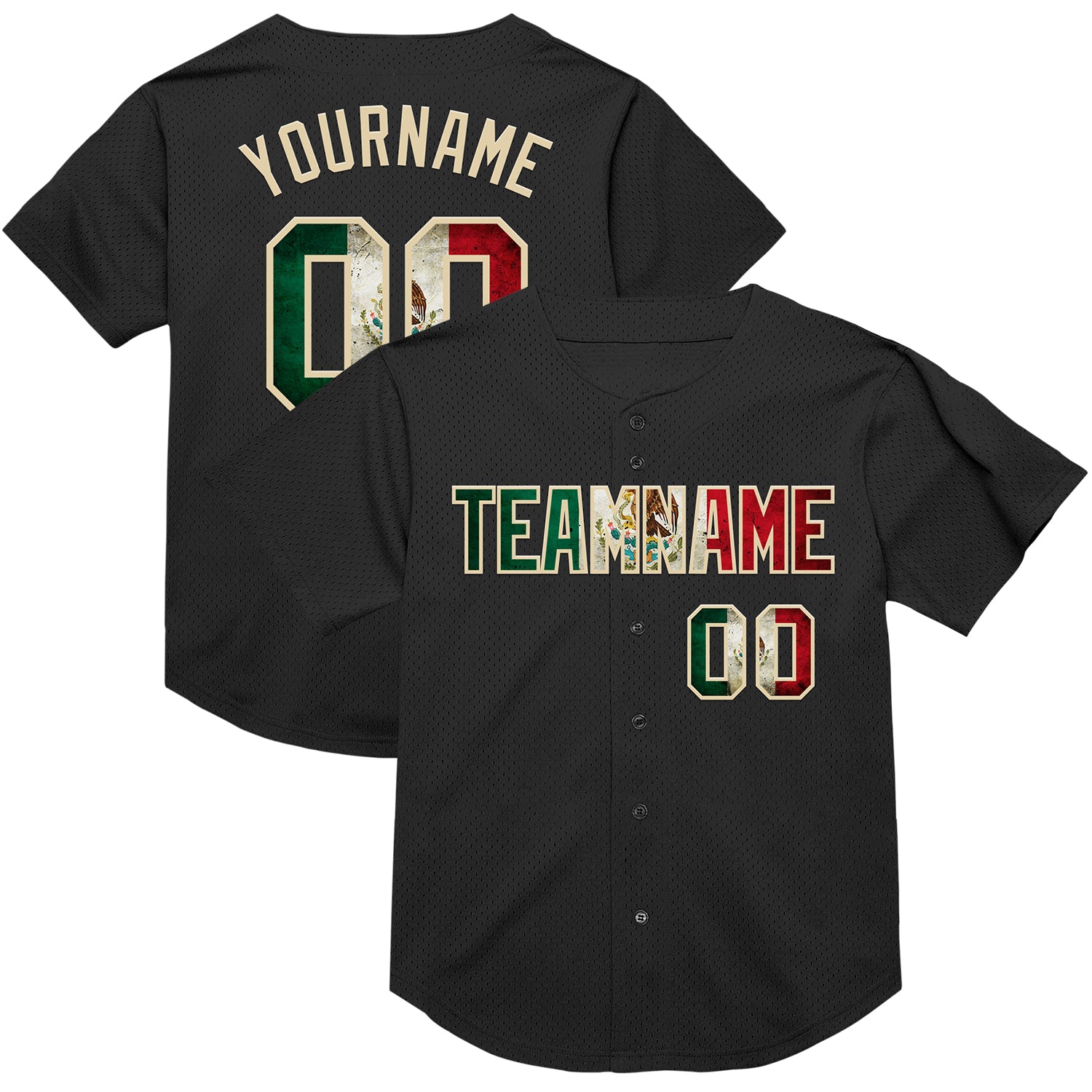 Personalized Black Vintage Mexican Flag Throwback Baseball Jersey - Cream Mesh Style Personalized Black Vintage Mexican Flag-Cream