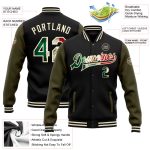 Personalized Black Vintage Mexican Flag Bomber Two Tone Jacket Cream-Olive Full-Snap Varsity Letterman Personalized Black